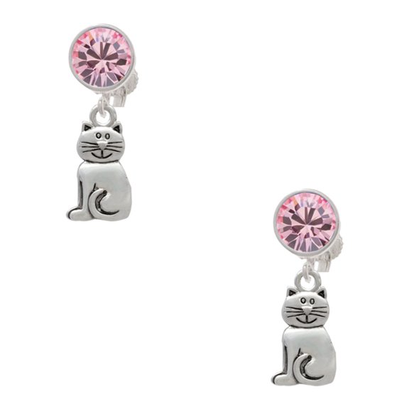 Delight Jewelry Silvertone 2-D Smiling Cat Pink Crystal Clip on Earrings