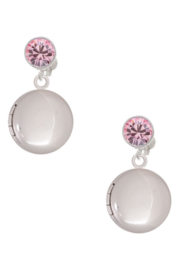 Silvertone 20mm Round Locket Pink Crystal Clip on Earrings