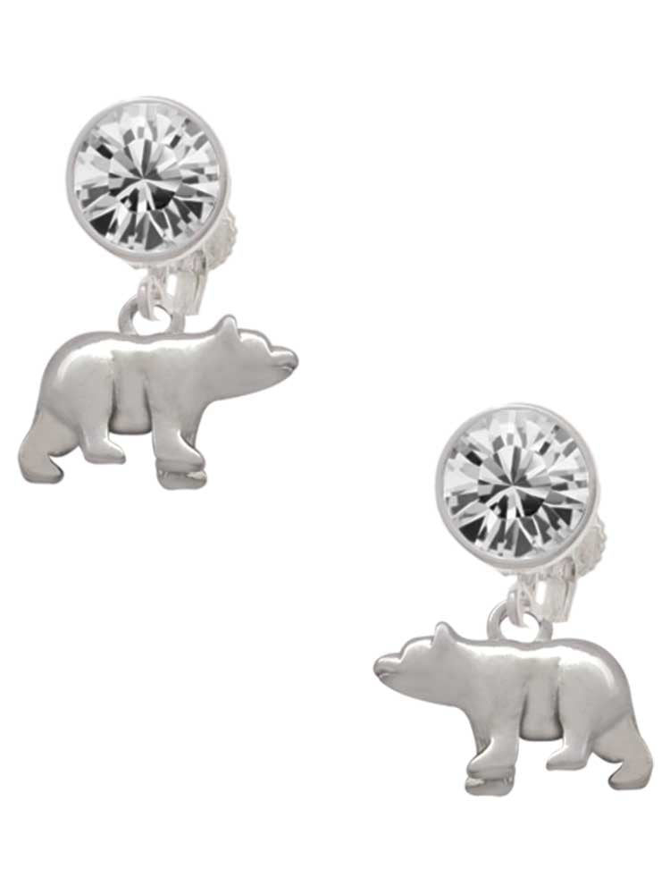 Silvertone 3-D Bear Clear Crystal Clip On Earrings