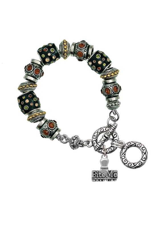 Silvertone 3-D ''Bite Me'' Stamp Fall Crystal Bead Charm Bracelet