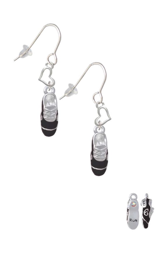 Silvertone 3-D Black Running Shoe Heart French Earrings