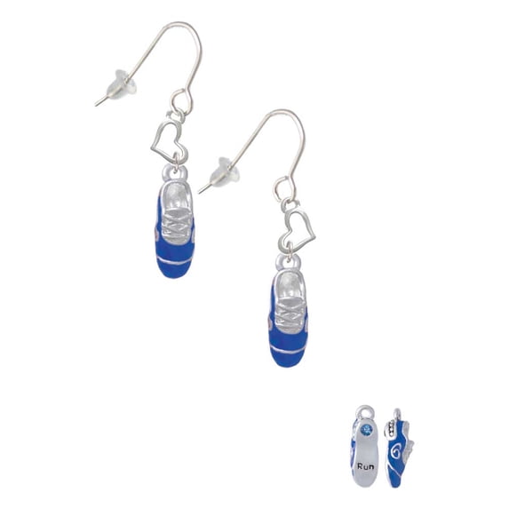 Silvertone 3-D Blue Running Shoe Heart French Earrings