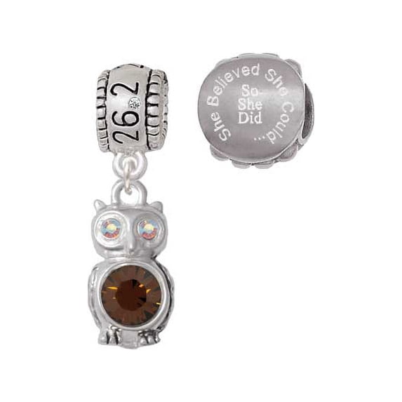 Silvertone 3-D Brown & AB Crystal Owl 26.2 Marathon Run She Believed She Could Charm Beads (Set of 2)