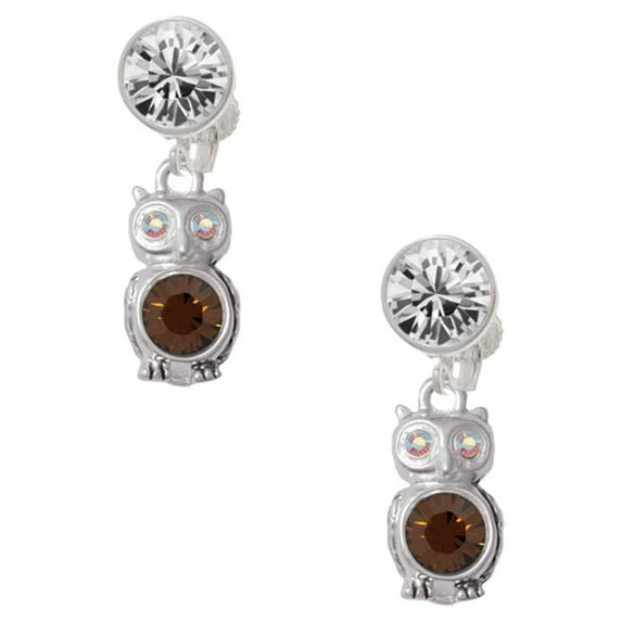 Silvertone 3-D Brown & AB Crystal Owl Clear Crystal Clip On Earrings