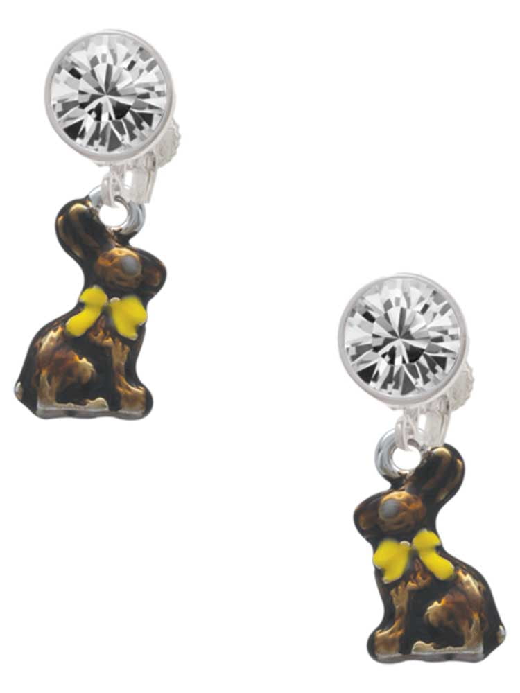 Silvertone 3-D Chocolate Bunny Clear Crystal Clip On Earrings