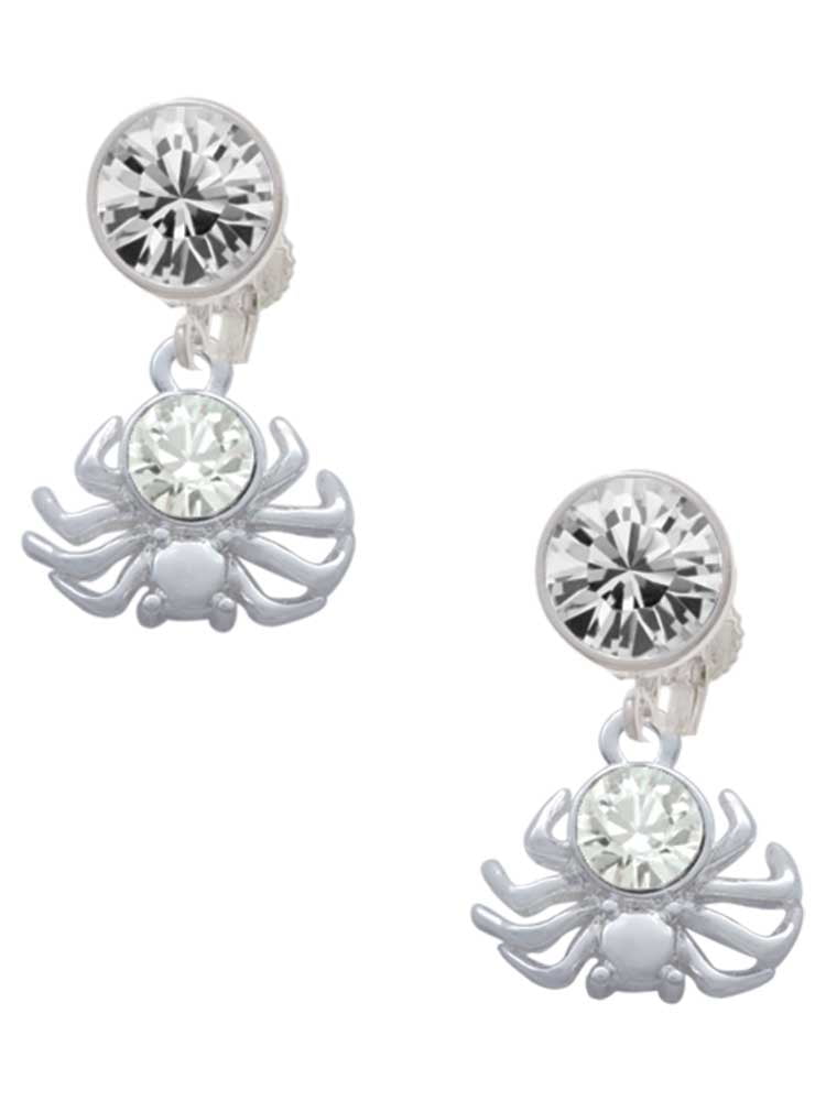 Silvertone 3-D Clear Crystal Spider Clear Crystal Clip On Earrings