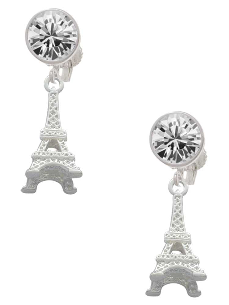 Silvertone 3-D Eiffel Tower Clear Crystal Clip On Earrings