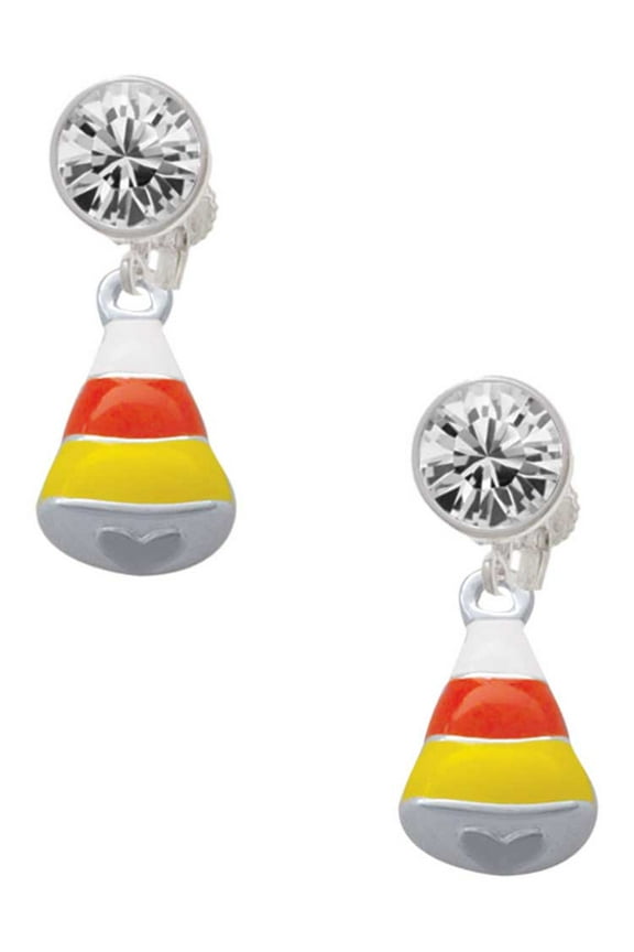 Silvertone 3-D Enamel Candy Corn Clear Crystal Clip On Earrings