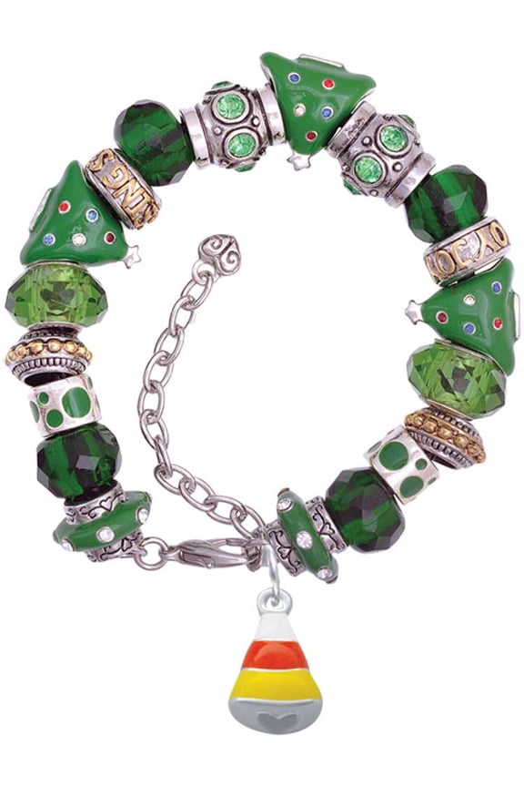 Silvertone 3-D Enamel Candy Corn Green Christmas Bead Bracelet