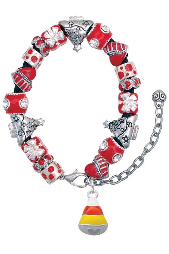Silvertone 3-D Enamel Candy Corn Red Christmas Bead Bracelet