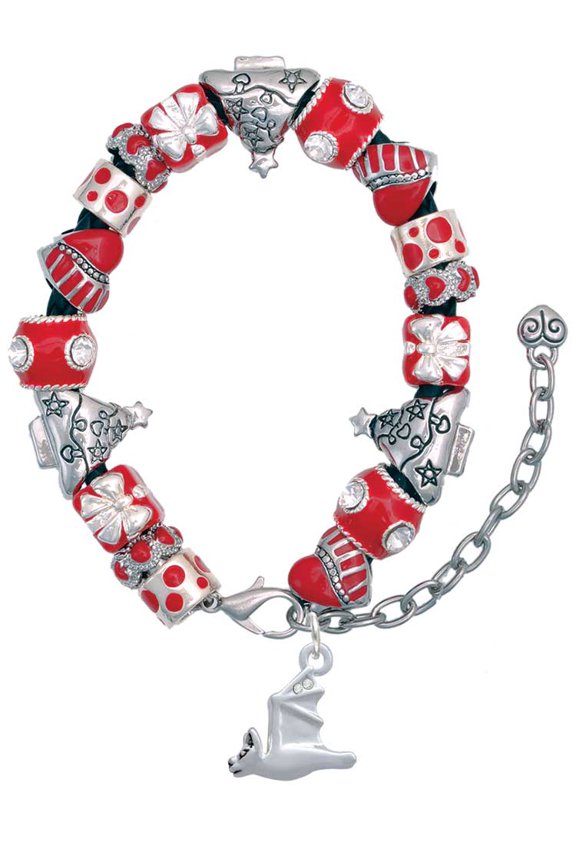 Silvertone 3-D Flying Bat with Crystals Red Christmas Bead Bracelet
