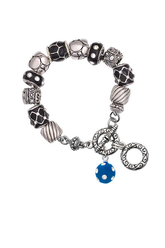 Silvertone 3-D Frosted Blue Resin Ornament with Crystals Black Pebble Bead Charm Bracelet