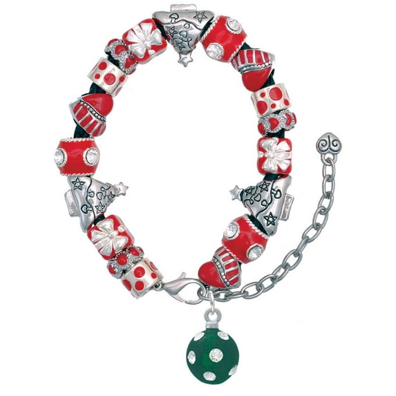Silvertone 3-D Frosted Green Resin Ornament with Crystals Red Christmas Bead Bracelet
