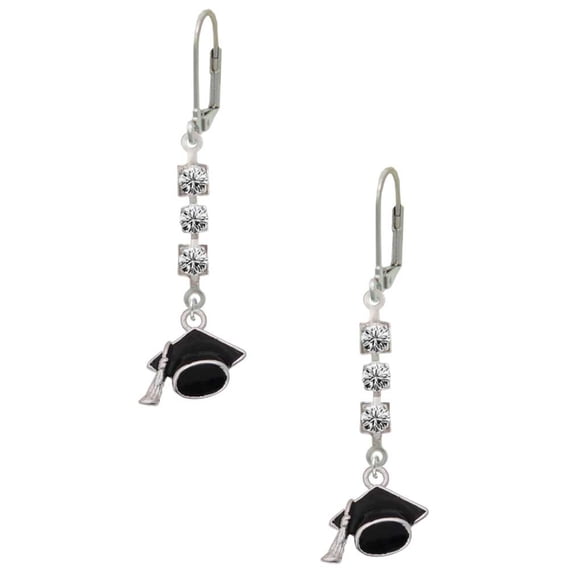 Silvertone 3-D Graduation Hat Crystal Madison Leverback Earrings