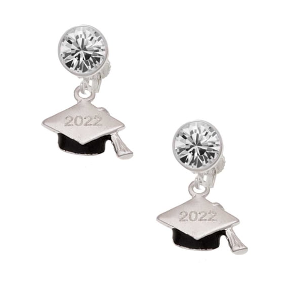 Silvertone 3-D Graduation Hat with 2022 Clear Crystal Clip On Earrings