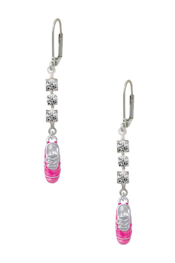 Silvertone 3-D Hot Pink Running Shoe Crystal Madison Leverback Earrings