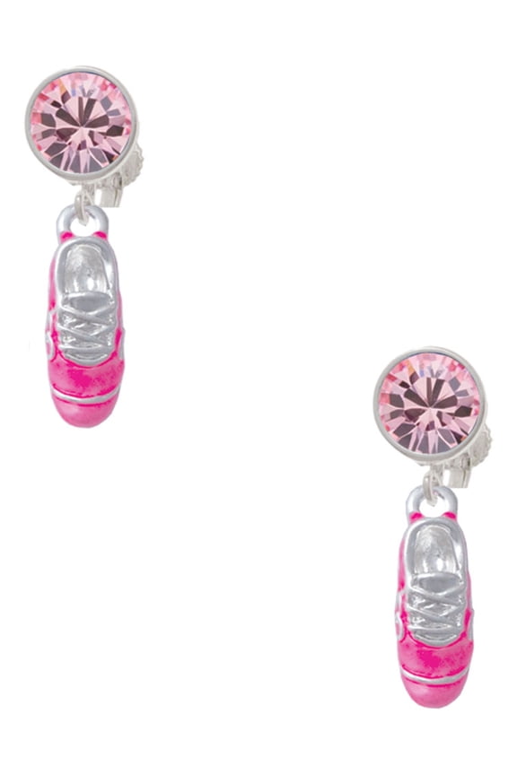 Silvertone 3-D Hot Pink Running Shoe Pink Crystal Clip on Earrings