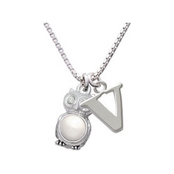 Silvertone 3-D Imitation Pearl & Clear Crystal Owl Capital Initial V Necklace