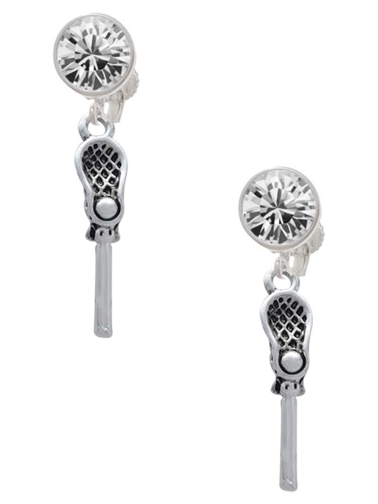 Silvertone 3-D Lacrosse Stick and Ball Clear Crystal Clip On Earrings