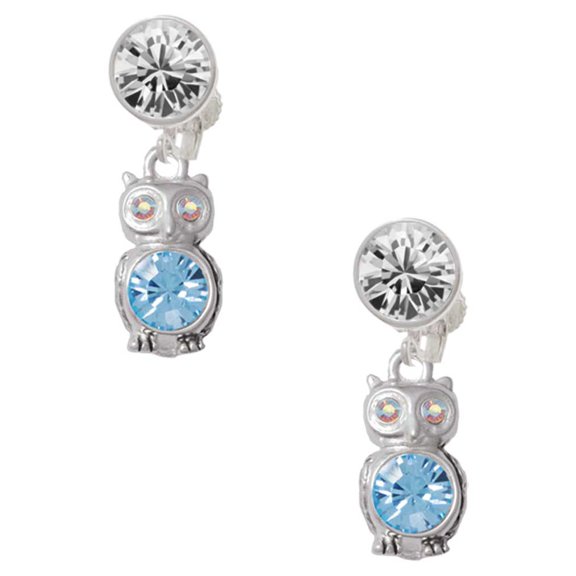 Silvertone 3-D Light Blue & AB Crystal Owl Clear Crystal Clip On Earrings