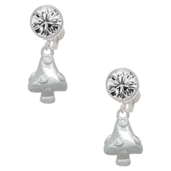 Silvertone 3-D Mushroom with Clear Crystals Clear Crystal Clip On Earrings