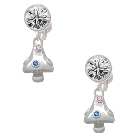 Silvertone 3-D Mushroom with Multicolored Crystals Clear Crystal Clip On Earrings