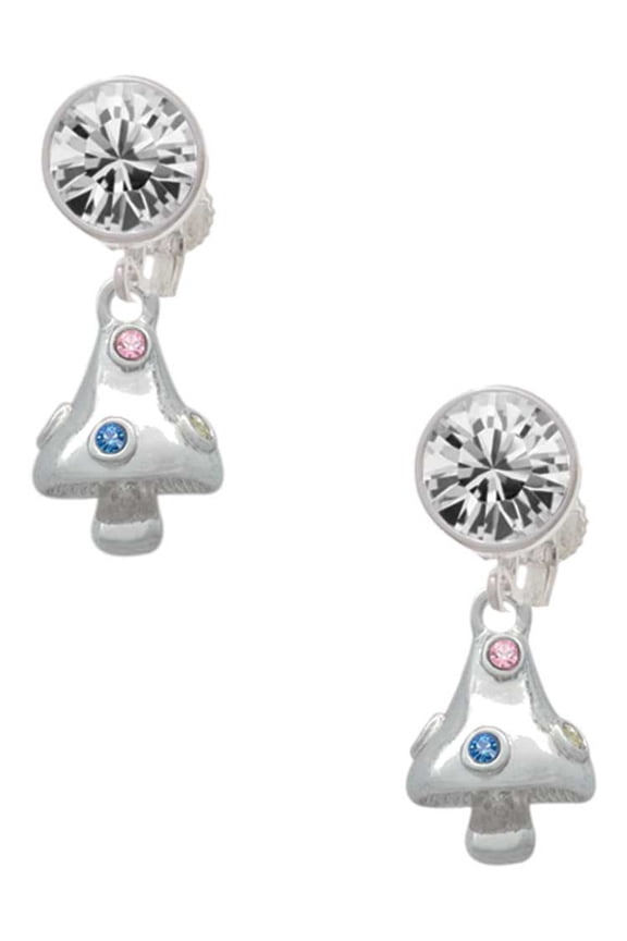 Silvertone 3-D Mushroom with Multicolored Crystals Clear Crystal Clip On Earrings