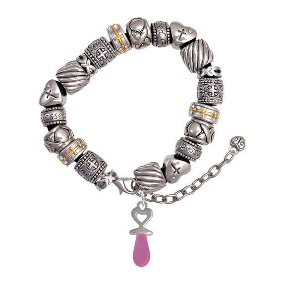 Silvertone 3-D Pink Baby Pacifier Silver Tone Christian Bead Bracelet