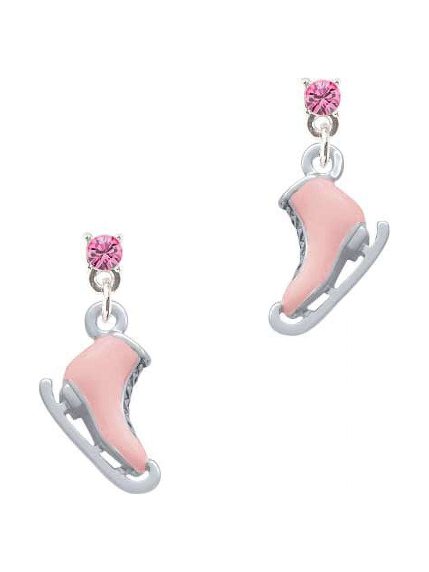 Silvertone 3-D Pink Ice Skate Hot Pink Crystal Post Earrings