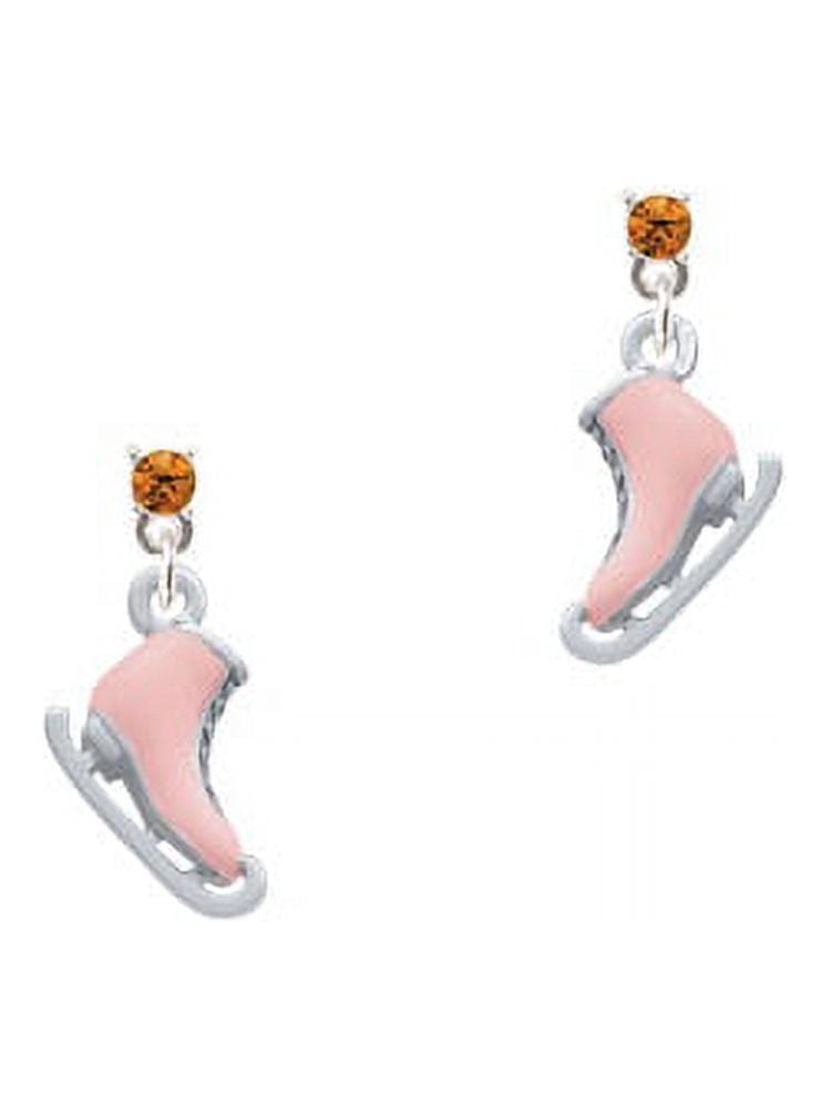 Silvertone 3-D Pink Ice Skate Yellow Crystal Post Earrings