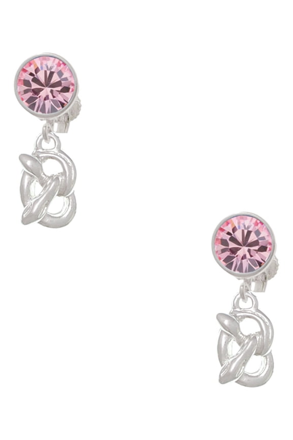 Silvertone 3-D Pretzel Pink Crystal Clip on Earrings