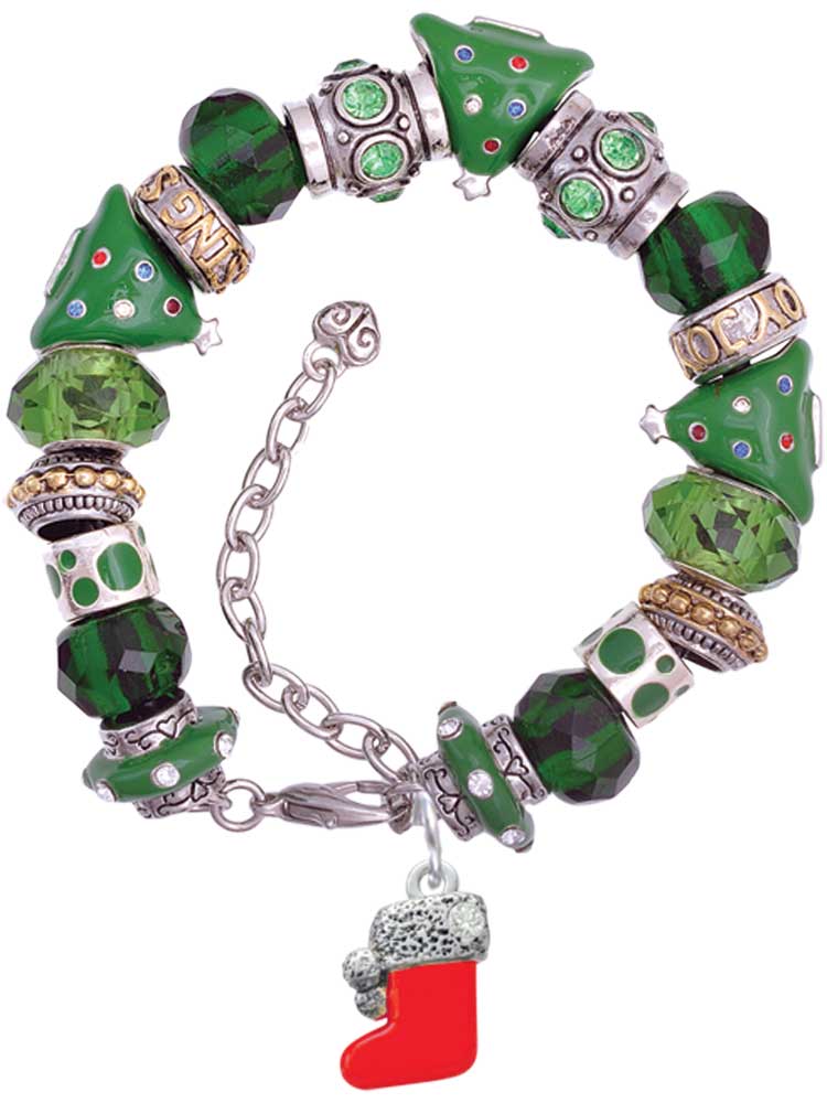 Silvertone 3-D Red Christmas Stocking Green Christmas Bead Bracelet