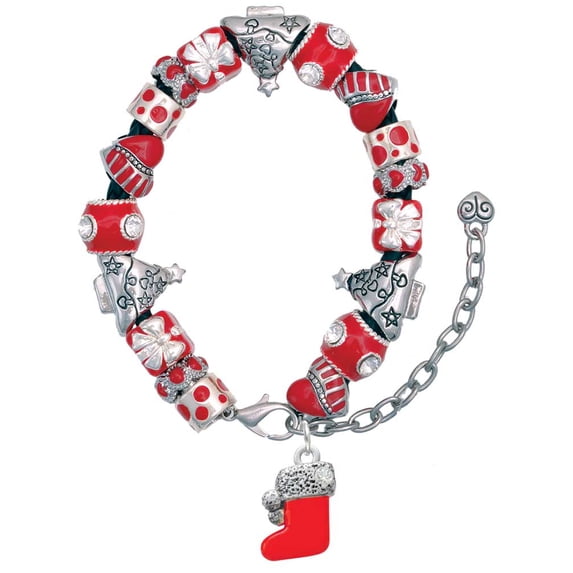Silvertone 3-D Red Christmas Stocking Red Christmas Bead Bracelet