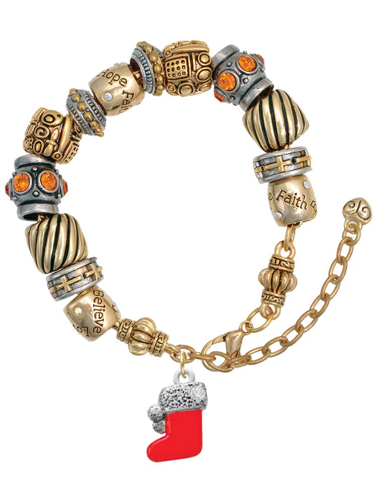 Silvertone 3-D Red Christmas Stocking Two Tone Christian Bead Bracelet