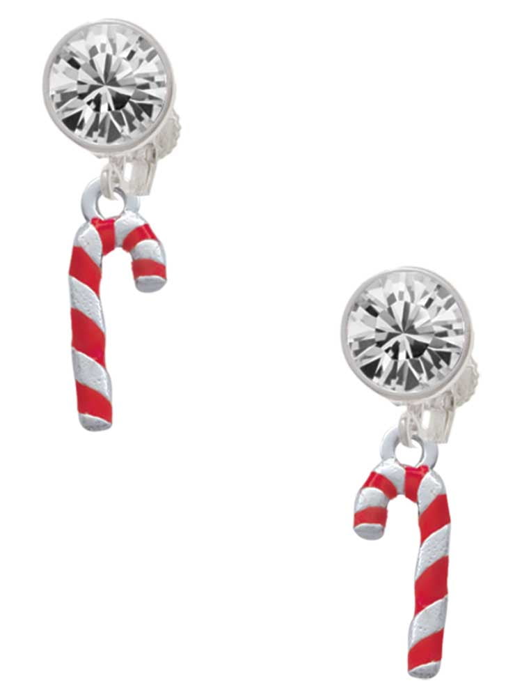 Silvertone 3-D Red Enamel Candy Cane Clear Crystal Clip On Earrings