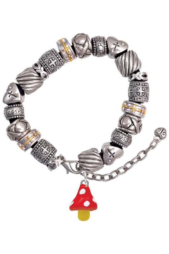 Silvertone 3-D Red and White Mushroom Silver Tone Christian Bead Bracelet