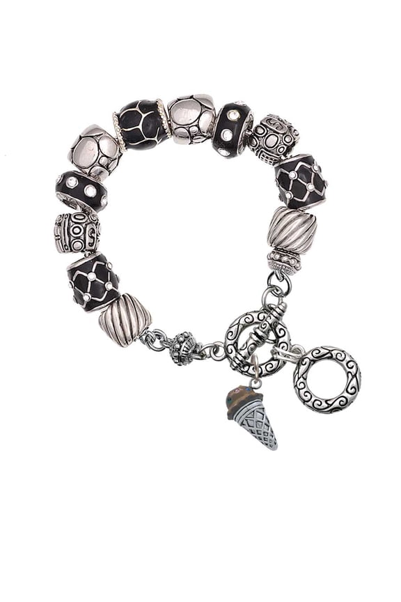 Silvertone 3-D Resin Chocolate Ice Cream Cone with Crystals Black Pebble Bead Charm Bracelet