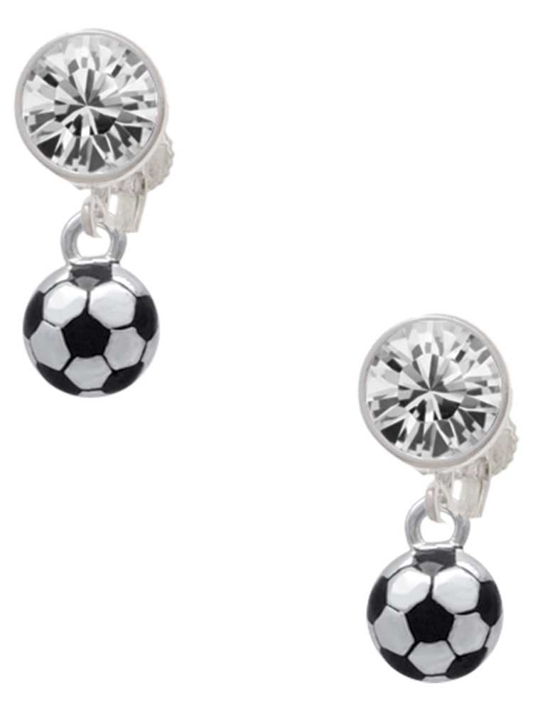 Silvertone 3-D Soccer ball Clear Crystal Clip On Earrings