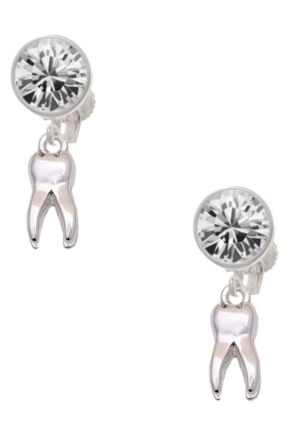 Silvertone 3-D Tooth - Clear Crystal Clip On Earrings