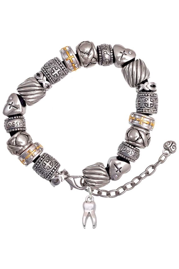 Silvertone 3-D Tooth - Silver Tone Christian Bead Bracelet