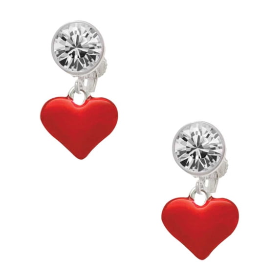 Silvertone 3-D Translucent Red Puff Heart Clear Crystal Clip On Earrings