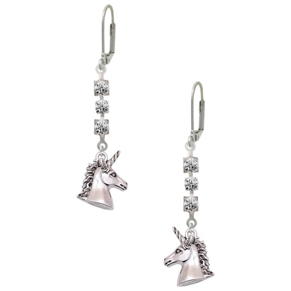 Silvertone 3-D Unicorn Head - Crystal Madison Leverback Earrings