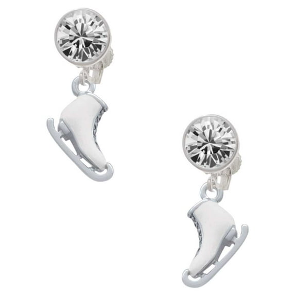 Silvertone 3-D White Ice Skate Clear Crystal Clip On Earrings