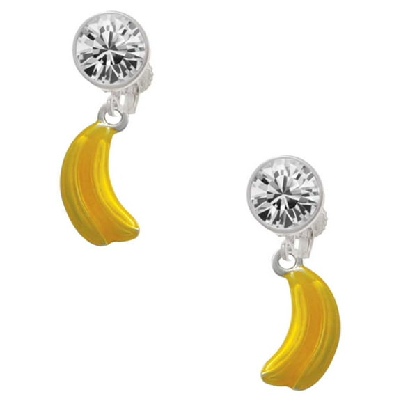 Silvertone 3-D Yellow Enamel Bananas Clear Crystal Clip On Earrings