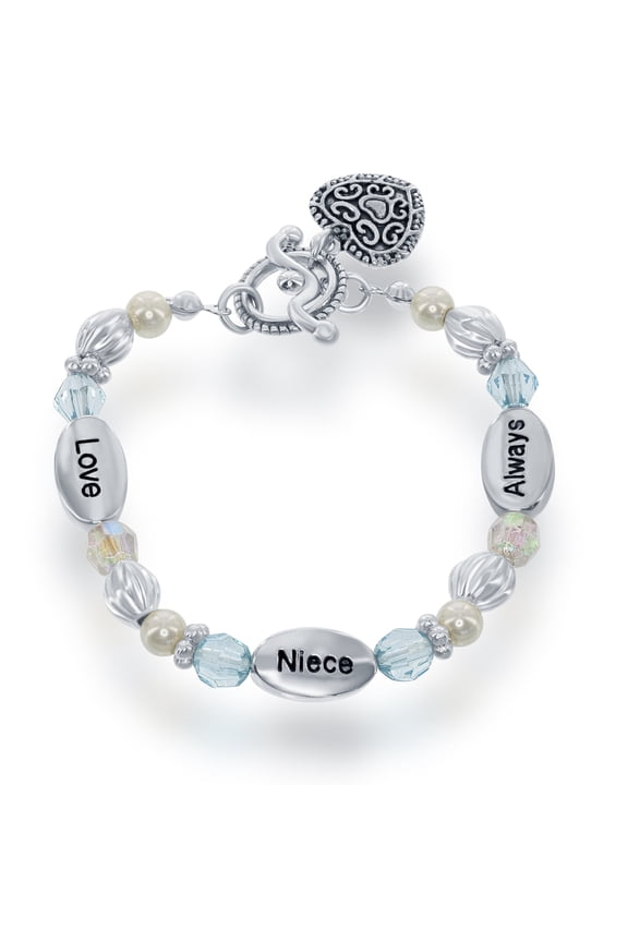 Silvertone 6" 'Love, Niece, Always' Heart Toggle with Blue Beads Stretch Bracelet