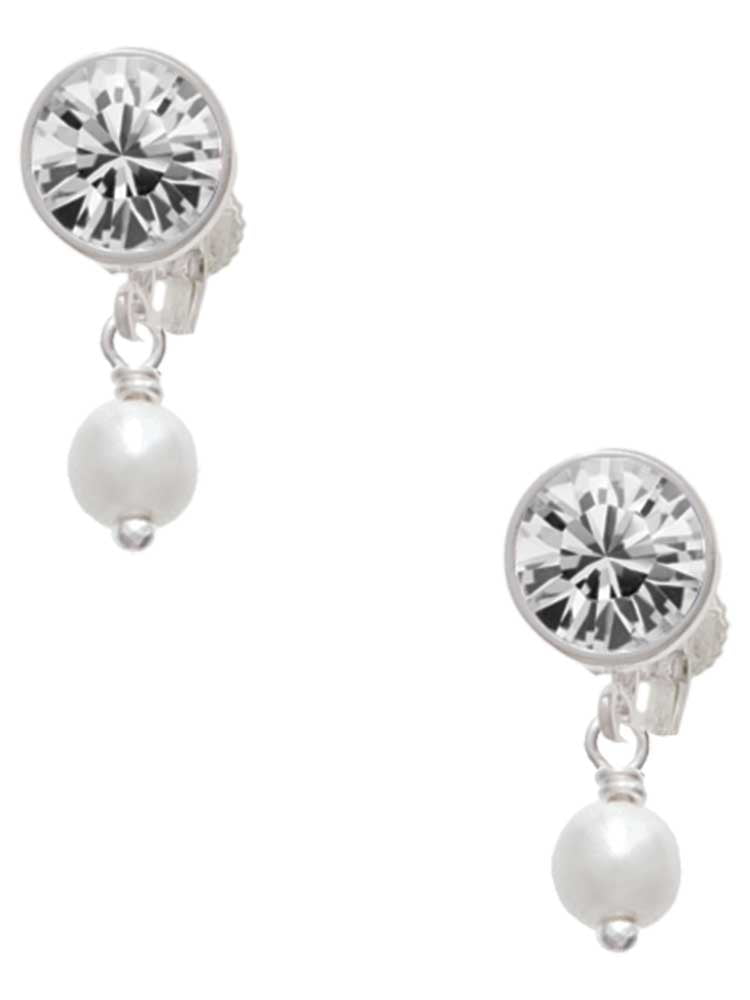 Silvertone 6mm Glass Imitation Pearl Bead Drop Clear Crystal Clip On Earrings