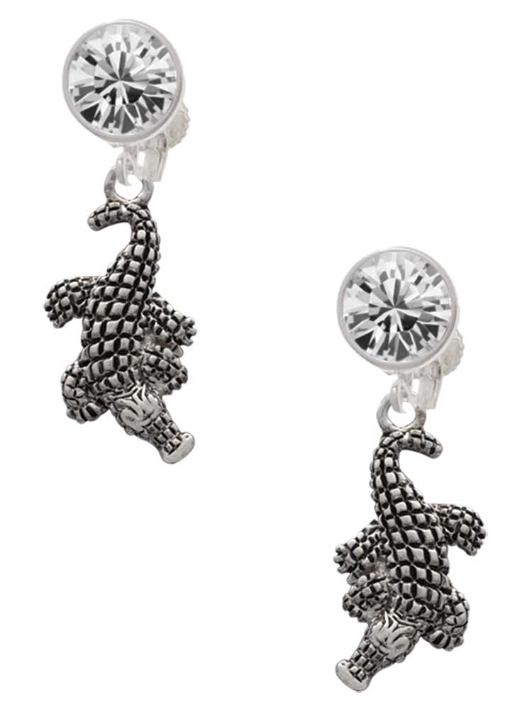 Silvertone Alligator Clear Crystal Clip On Earrings