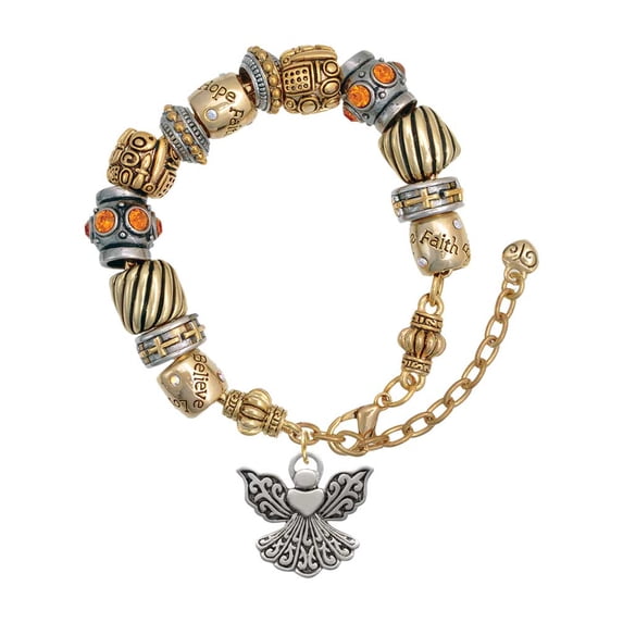 Silvertone Angel with Heart Two Tone Christian Bead Bracelet