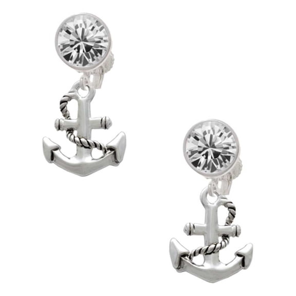 Silvertone Antiqued Anchor Clear Crystal Clip On Earrings