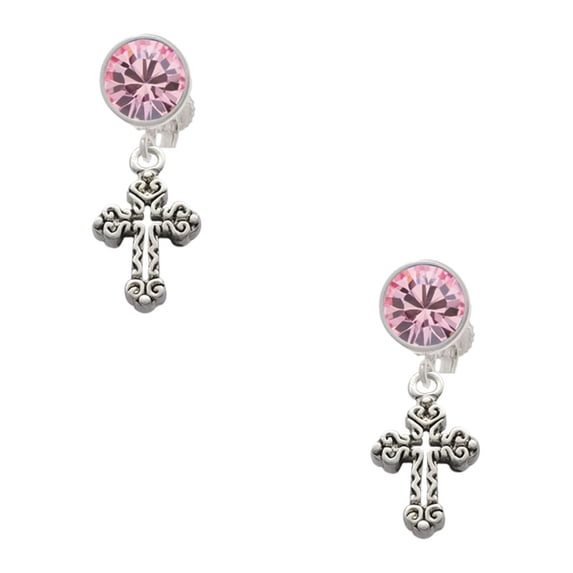 Delight Jewelry Silvertone Antiqued Budded Cross Pink Crystal Clip on Earrings